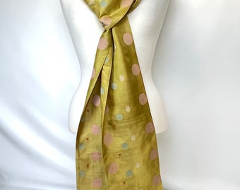 Sari Silk Reversible Scarf in greenish gold with dusty pink and blue dots