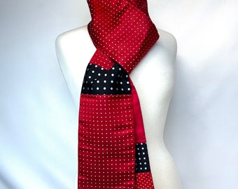 Italian Silk Pieced Scarf in Black and Red with Polka Dots