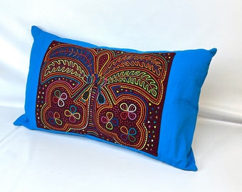 Mola Art Pillow Cover: Butterfly on Blue 25" x 15"