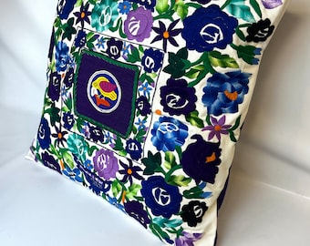 Repurposed Mexican Huipil  Large Decorative Pillow Cover in Blues/Purples