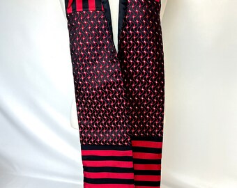 Italian Silk Pieced Scarf in Black and Red with Stripes and Waves