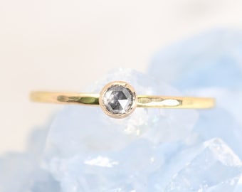 Salt and Pepper Diamond Ring in Solid 14k Gold, Dainty Diamond Engagement Ring, Gray Diamond in Real Gold, Minimalist Boho Wedding Band