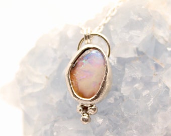 Boulder Opal Necklace, Silver Boho Necklace with Raw Natural Opal, Australian Opal Pendant Necklace, Bohemian Necklace for Women