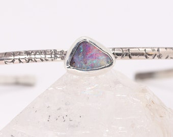 Opal Cuff Bracelet, Boho Stone Bracelet, Australian Boulder Opal Gemstone Cuff in Sterling Silver, Unique Artisan Stacking Bracelet