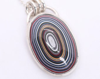 Fordite Pendant Necklace in Sterling Silver, Detroit Motor City Agate Jewelry, Car Paint Stone with Sparkle Paint