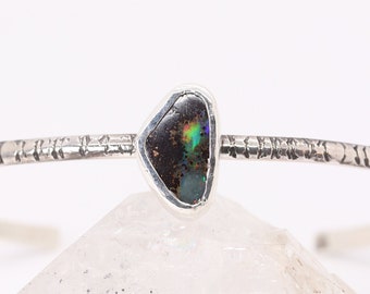 Opal Cuff Bracelet, Boho Stone Bracelet, Australian Boulder Opal Gemstone Cuff in Sterling Silver, Unique Artisan Stacking Bracelet