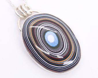 Fordite Pendant Necklace in Sterling Silver, Detroit Motor City Agate Jewelry, Car Paint Stone with Sparkle Paint