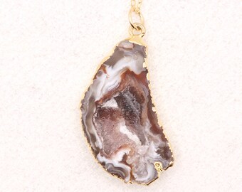 Geode Slice Necklace | Natural Raw Stone Necklace | Boho Agate Druzy Jewelry | Bohemian Gold Pendant for Women | Rough Stone Slab