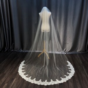 Wedding White Veil  Long Lace Veil  Cathedral Length Veil  Ivory Tulle Lace Wedding Veil Lace Veil
