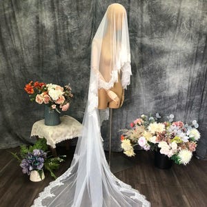 Chantilly Lace Wedding Veil with Blusher | Long Cascading Floor Length Bridal Veil