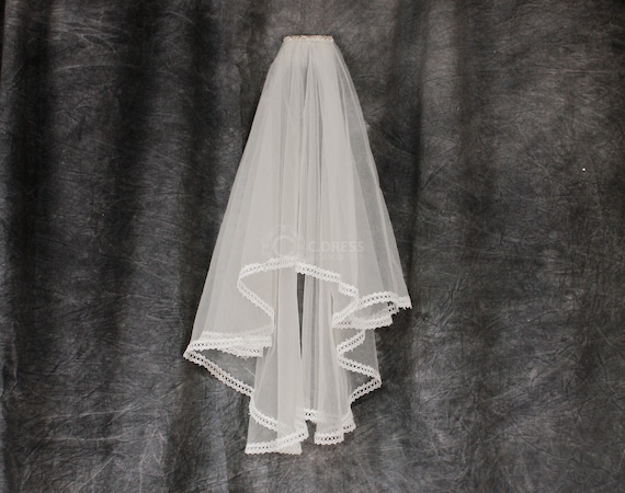 Wedding Veil  ivory, double layer, metal Comb with stones Wedding Bridal Veil with Comb 2 Tier Tulle Flower Scallop  main image 2