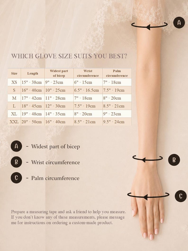 May include: A glove size chart featuring a table with measurements in inches and centimeters for XS to XXL sizes. The chart includes columns for length, bicep, wrist, and palm circumference, with labels A, B, and C indicating measurement points.