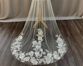 Long Train Bridal Veil. Bride&#39;s Long Silhouette Veil, Veil with Floral Lace Trim. Limited Handmade Quantity.2TLVRP72321.A