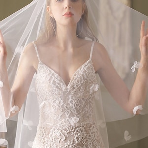 Floral Cathedral Veil With Blusher, White Flowers Veil, Bohemian Drop Veil, Ivory Cathedral Veil, Blusher Wedding Veil