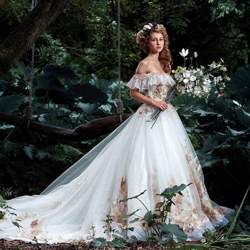floral caviar bead off the shoulder wedding dress Romantic Off-The-Shoulder Floral Sheath Wedding Dress With Detachable Overskirt