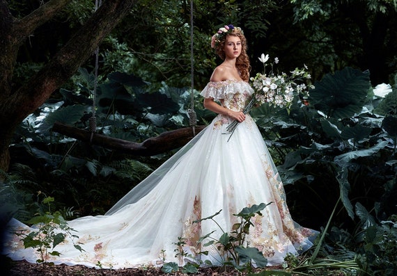 Off-shoulder Aline Floral Embroidered Couture Wedding Dress Design By Caroll Tran