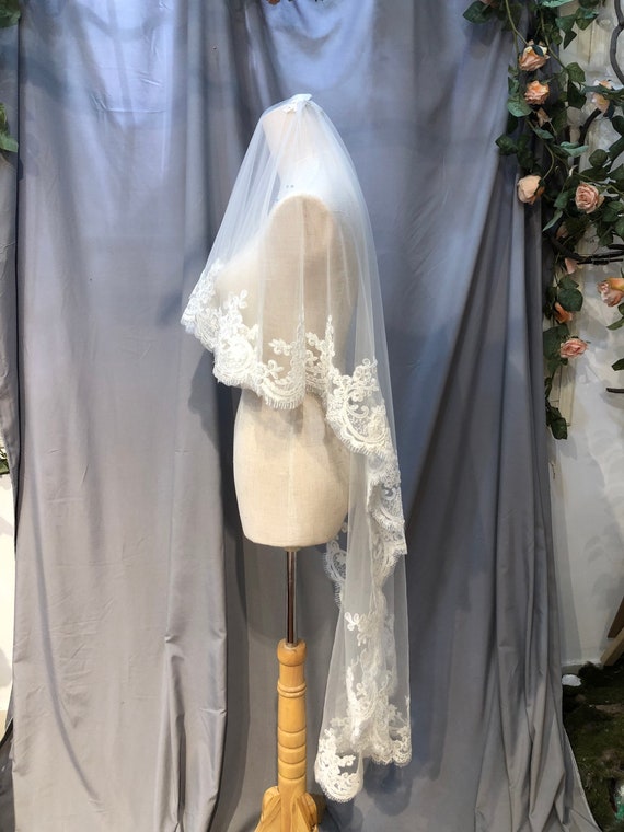 Lace Embroidered Fingertip Wedding Veil - White Tulle, Metal  display picture 2