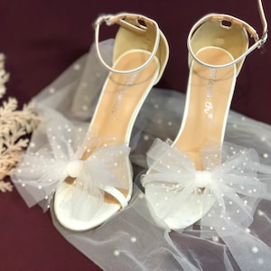 White Wedding Shoe Clip Dots Tulle Bow Clips For Bride. White Clips For Bride’s Shoes. Bridal Bow shoe Clip