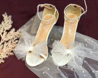 White Wedding Shoe Clip Dots Tulle Bow Clips For Bride. White Clips For Bride’s Shoes. Bridal Bow shoe Clip