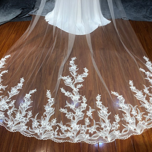 Floral Wedding Veil, Wedding Veil Cathedral, Veil Chapel Veil, Long Wedding Veil, Ivory Bridal Veil Length, Veil Wedding Cathedral