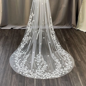 Long Bridal Veil, Veil With Lily Of The Valley Lace Border, 3D Embroidered Flowers. Wedding Veil Handmade Limited Quantity LVRF3D62313.A