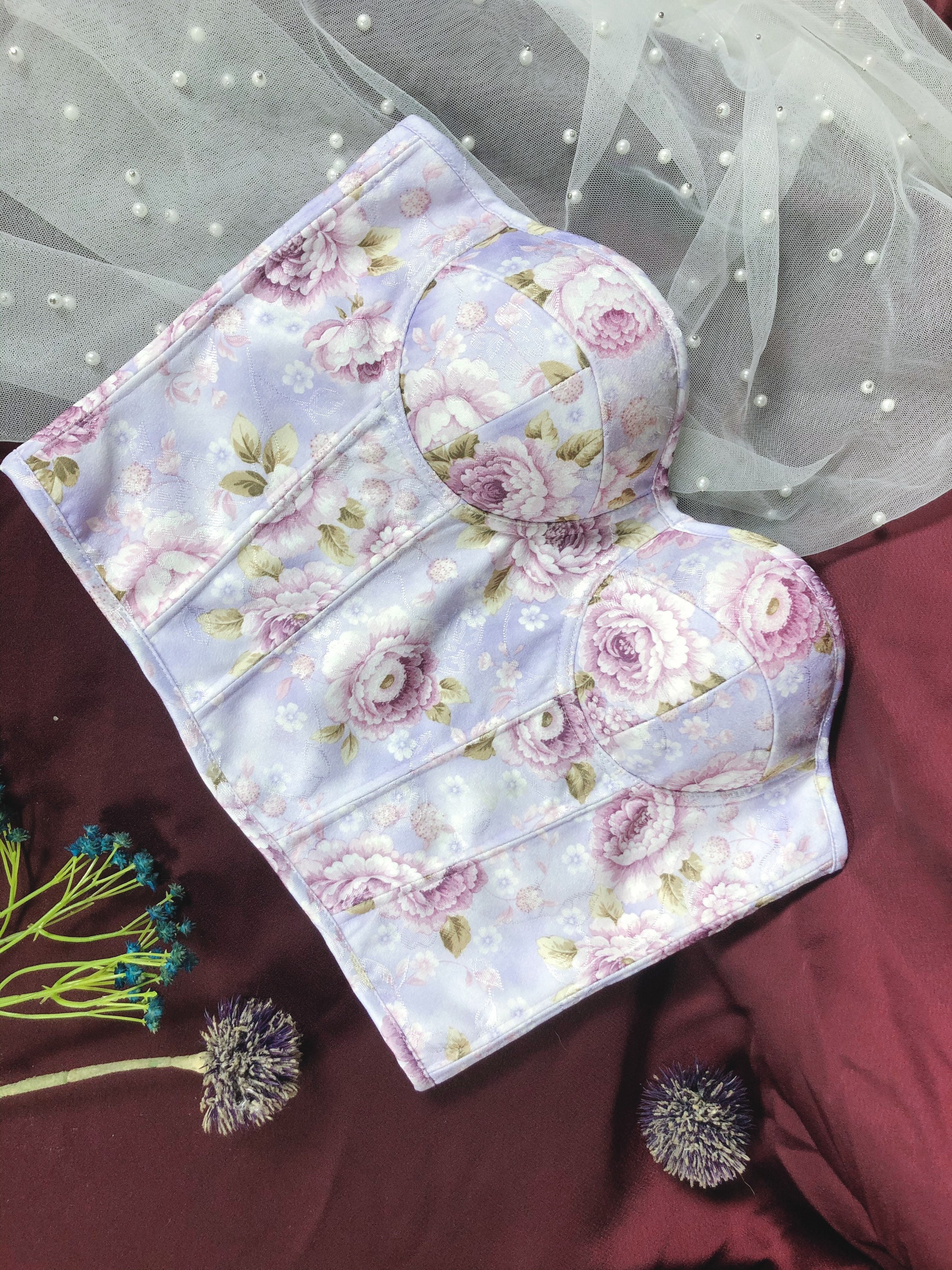 トップス Flower Pattern Motif Bustier Roses Corsetcorset Pattern, Retro Corset Top, Roses Bustier