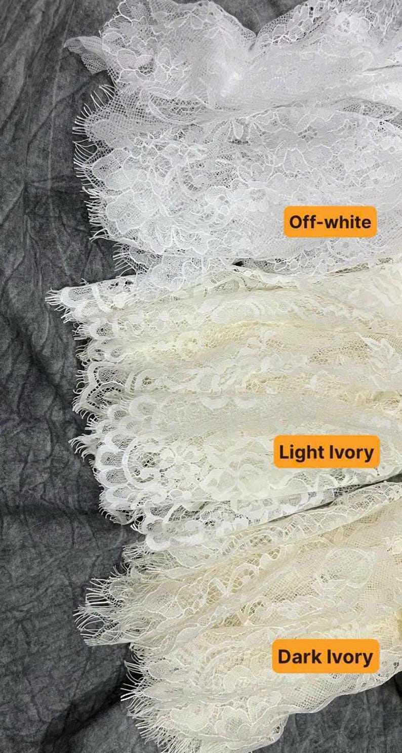 May include: Three strips of delicate floral lace trim with scalloped edges, arranged vertically. The top strip is labeled Off-white, the middle strip is labeled Light Ivory, and the bottom strip is labeled Dark Ivory, showing color variations.