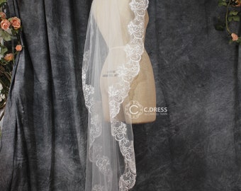 Lace Veil Wedding, Knee-length Lace Veil With Comb, Bridal Wedding Veil With Lace Line Around, Lace Bridal Wedding Veil With Comb