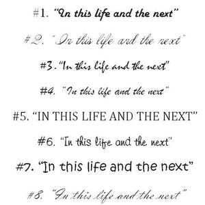 white bridal veil with a delicate lace trim. The veil features the embroidery text "In this life and the next" in a script font. Wedding Veil text embroidery custome