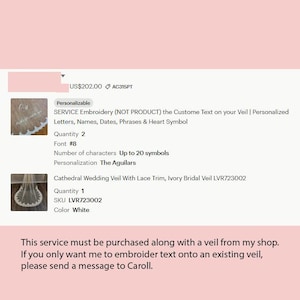 May include: A product listing for personalized veil embroidery. The service includes custom text, names, dates, phrases, and heart symbols. The listing specifies font #8, up to 20 symbols, and the personalization "The Aguilars". The listing also includes a cathedral wedding veil with lace trim.