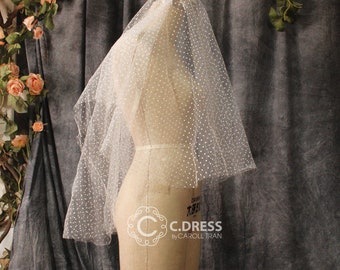 Wedding Veil Dots Tulle Two Tiers, White Bridal Veil, Short Cathedral Veil, Fingertips Wedding Veil