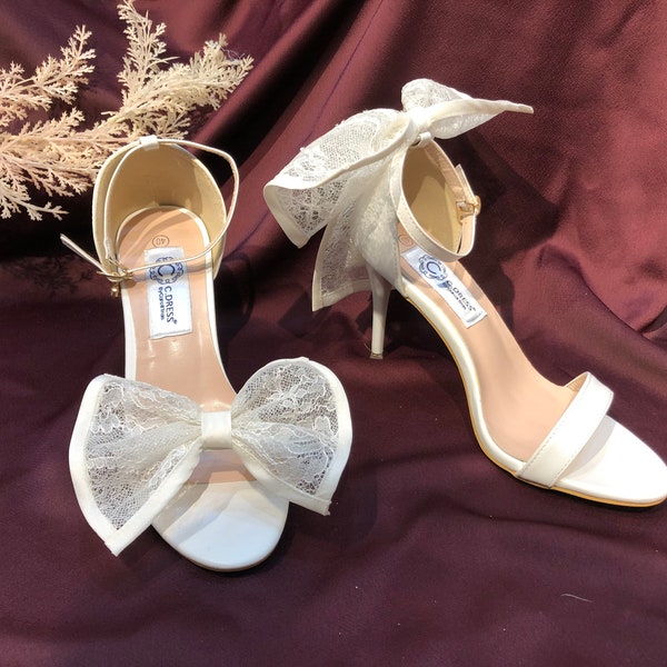 Bridal Shoe Lace Bow Bridal Heel For Bride Shoe Wedding Heels White Heels Wedding Heel 2,7in to 4,7in Big Size US 3,5 to 9,5