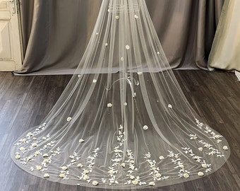 Cathedral Wedding Veil, 3D Flower Lace Wedding Veil, Embroidered Flowers Veil, Pearls Veil. 1 tier Bridal Veil. LVRPF3D62319