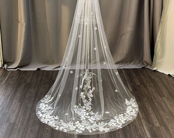 Bridal Veil With Lengthy Design, Lace Border, Single Layer Bridal  with Embroidered Flowers. Limited Handmade Quantity.LVRF3D62314