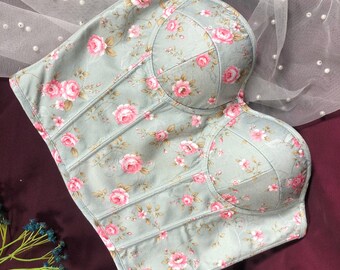 トップス Flower Pattern Motif Bustier Roses Corsetcorset Pattern, Retro Corset Top, Roses Bustier