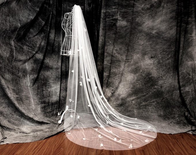 Featured listing image: 3D Flower Cathedral Veil, Embroidered Ivory Bridal Veil