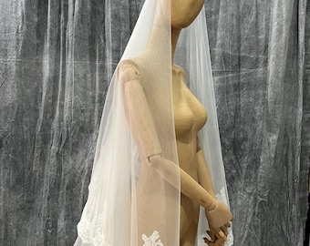 Chantilly Lace Wedding Veil with Blusher | Long Cascading Floor Length Bridal Veil