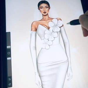 カスタムガウンスケッチ、ファッションスケッチイラスト、カスタムドレスイラスト、ファッションイラスト、パーソナライズされたウェディングドレススケッチ