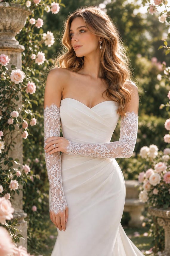Custom Made-to-Measure Chantilly Lace Bridal Gloves, Long Fingerless Wedding Gloves, Ivory Bicep Length Detachable Wedding Sleeves