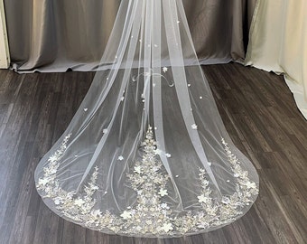 Bridal Veil Lengthy design with  Embroidery Flowers. Limited Quantity Handmade.LVRF3D62315A.B