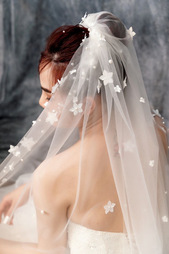 Pearl Bridal Veil with Comb One Layer Cathedral Wedding Veil