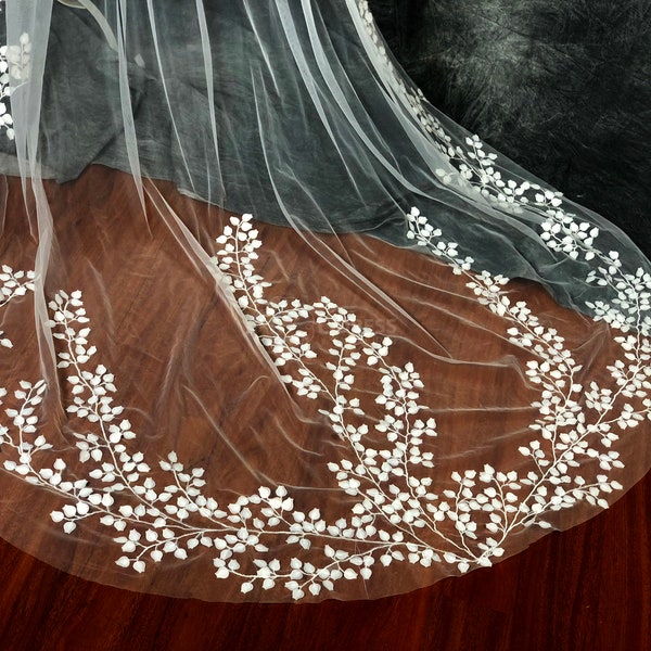 3D Embroidery flower veil | Lily Flower Wedding Veil | Wedding Veil Cathedral | Chapel Veil  | Ivory Bridal Length Veil