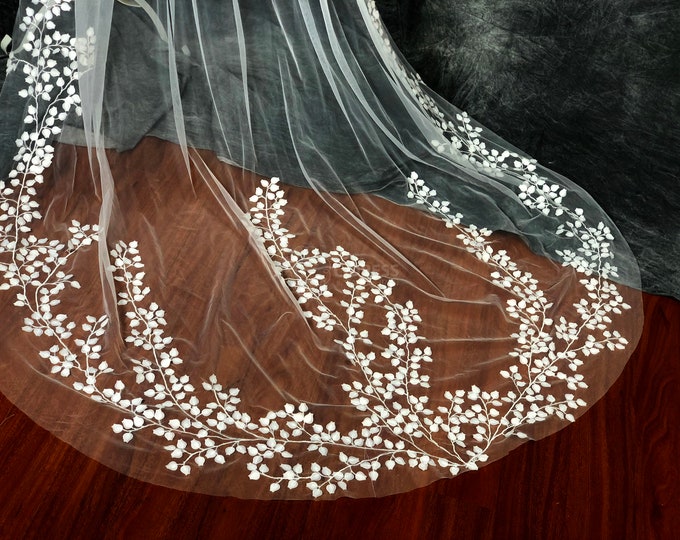 Featured listing image: 3D Lily Flower Wedding Veil, Embroidered Botanical Bridal Tulle, 3D Floral Cathedral Veil for Garden Wedding