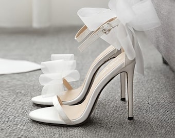 White Wedding Shoes For Bride White, Heels With Bow Wedding Shoes Bow High Heels, Big Bow White Bridal Shoes With Ankle Strap Bridal Heel