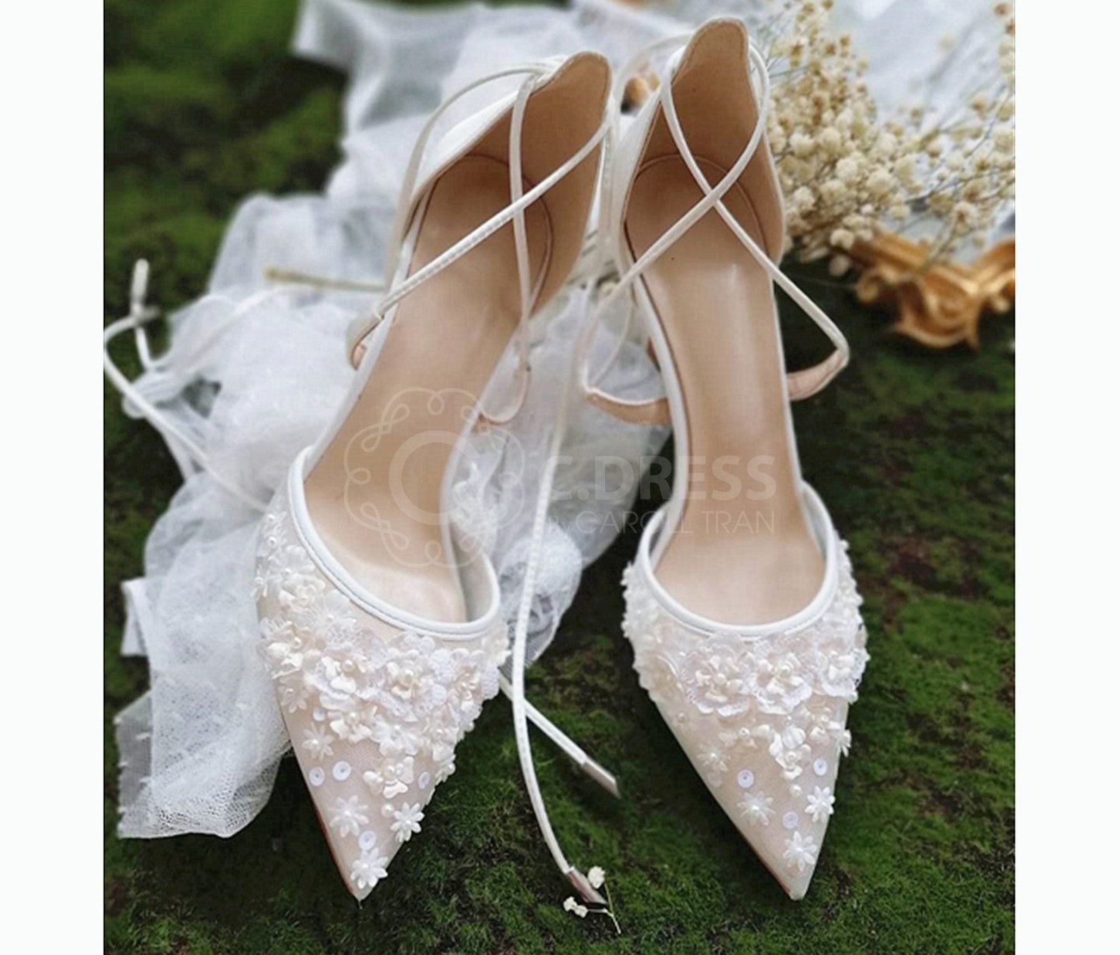 IVORY Floral and Beaded Wedding Shoes | Handmade Lace-up Bridal Heels ...