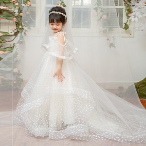 Flower Girl Dress White Heart Dots, Princess Dress Tulle Girl Dress, White Heart Dots Dress, Satin Girl Dress Flower Girl Dress With Train