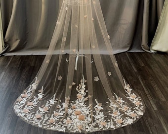 Romantic Bridal Veil, Embroidered Flowers Wedding Veil, Handmade Veil, Custom Veil. LVRF3D62322