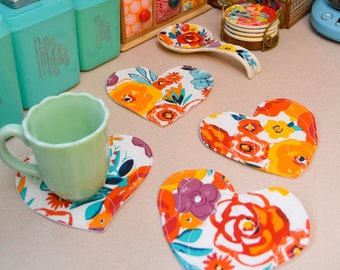 Pioneer Woman Heart Mug Rug - Upcycled Flea Market Floral Coaster