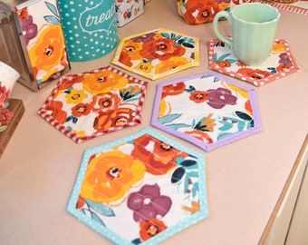 Pioneer Woman Mug Rug | Quilted Hexagon Coaster, Farmhouse Kitchen Decor