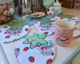 Strawberry Decor~Quilted Mug Rugs Coaster~Coffee Bar Decor~Kitchen Decor~Coffee Table~coffee lovers gift~Colorful Decor~Farmhouse Decor